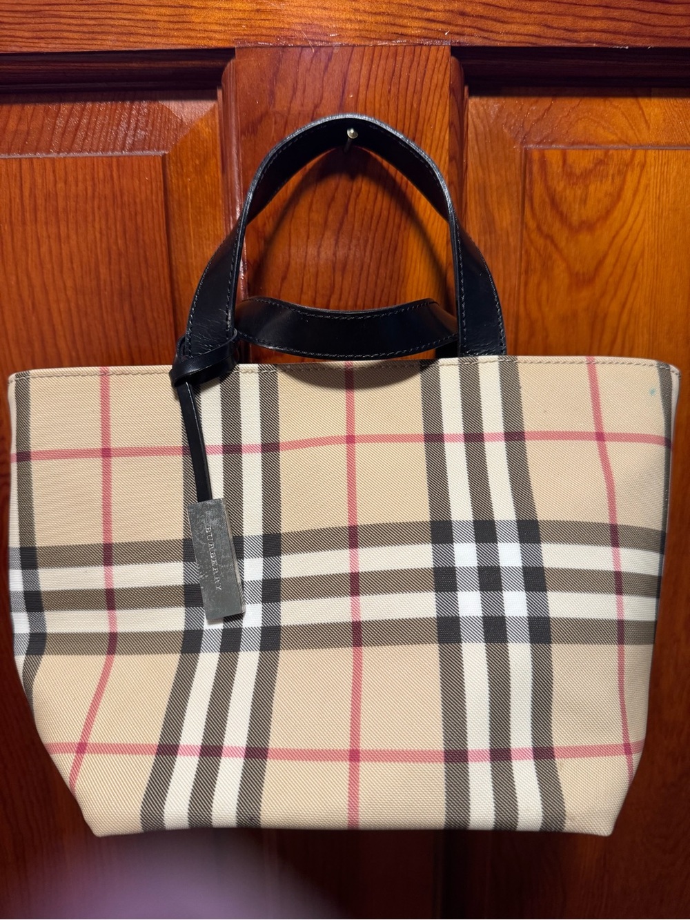 Burberry Beige Small Nova Check Canvas Tote with Black Handles  Accents